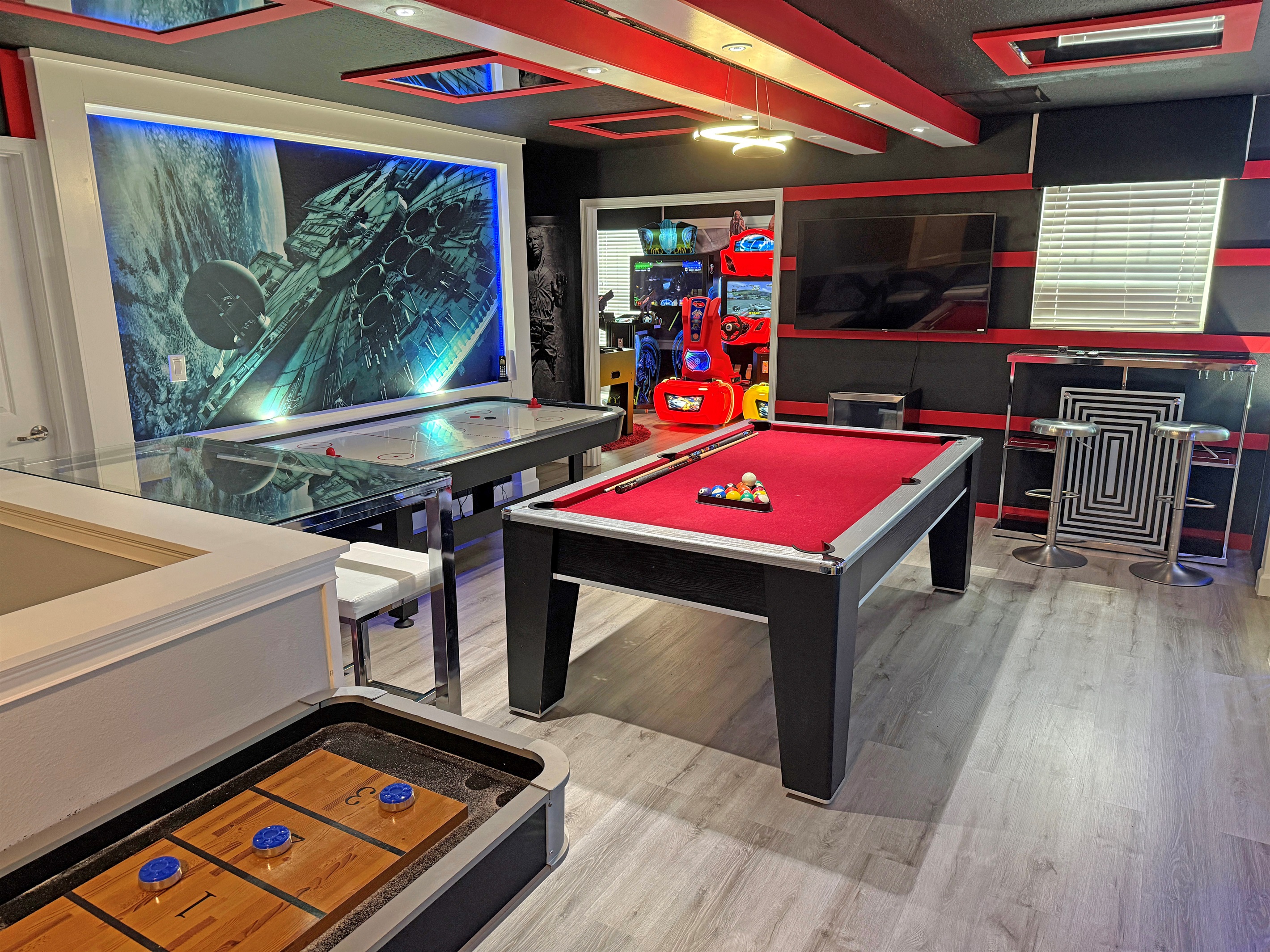 Adult Game Room-Shuffle Board-Pool Table-Air Hockey-Drink Refrigerator-55" TV