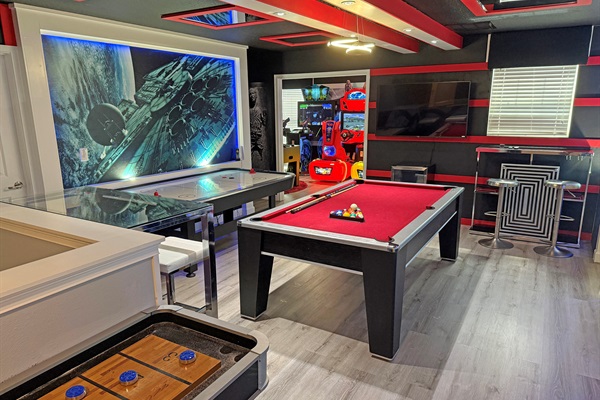 Adult Game Room-Shuffle Board-Pool Table-Air Hockey-Drink Refrigerator-55" TV