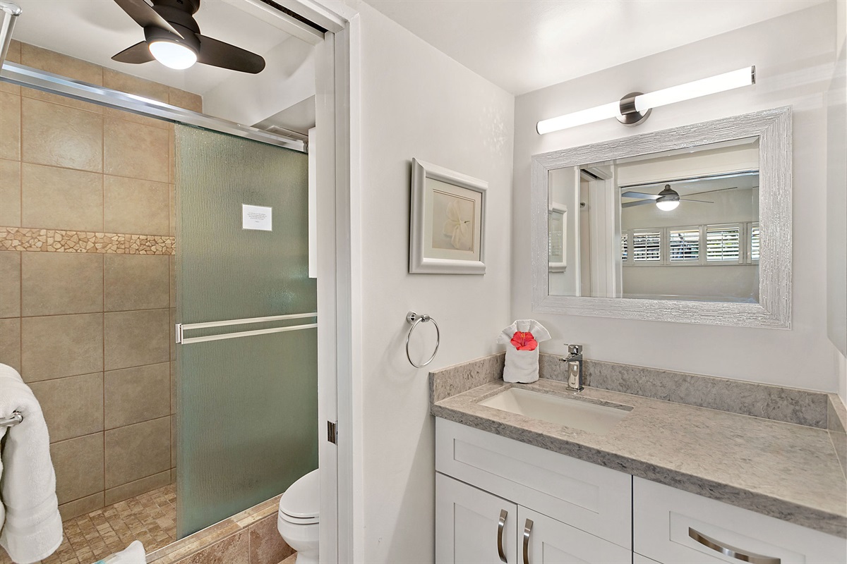 A pocket door separates the vanity from the shower