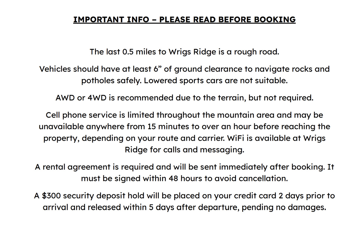 IMPORTANT INFO – PLEASE READ BEFORE BOOKING