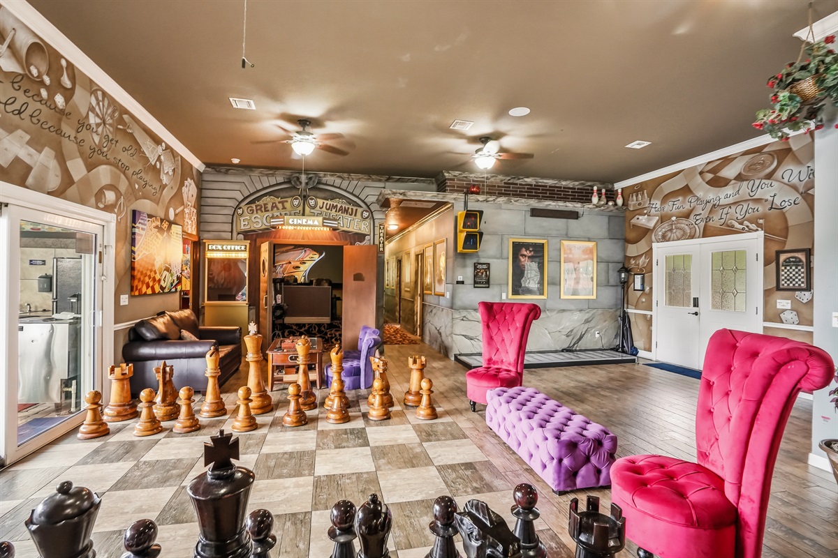 Board game themed living room at Clermont lakefront mansion