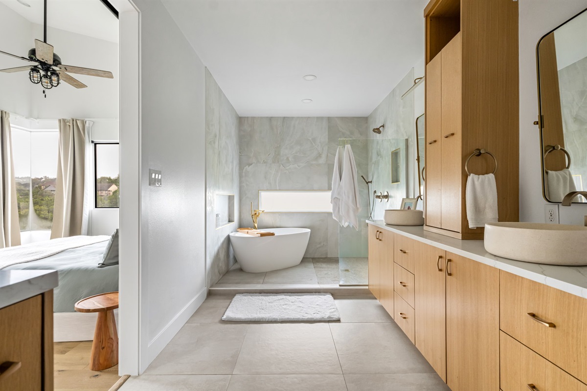 Luxury bathroom with soaking tub and double sinks