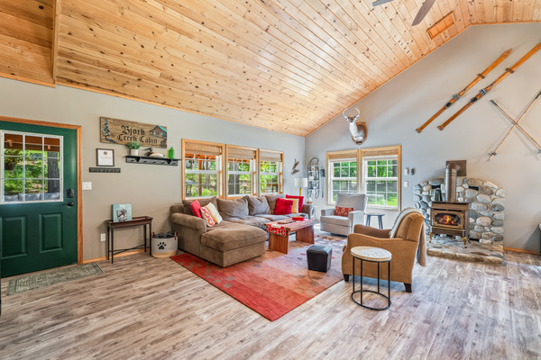 Large open living space with gas fireplace