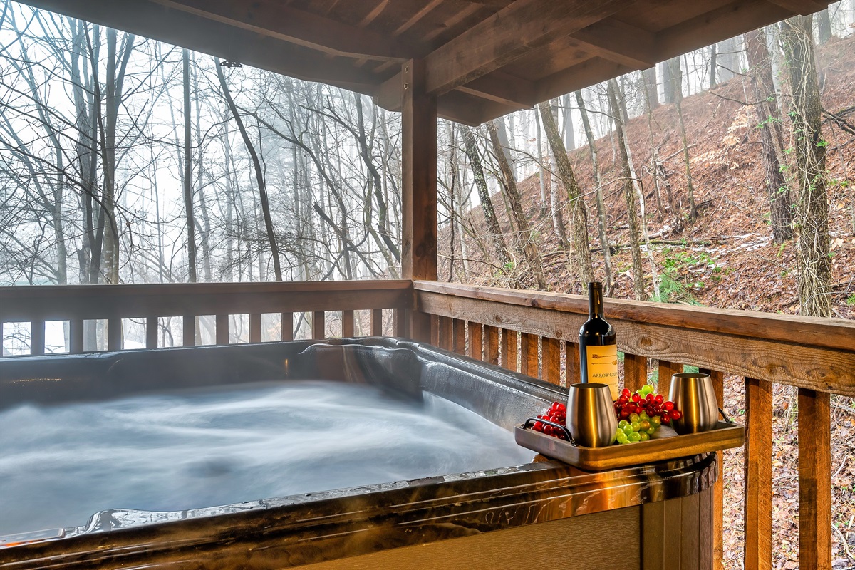 Private hot tub on the deck at Morn'n Deer cabin