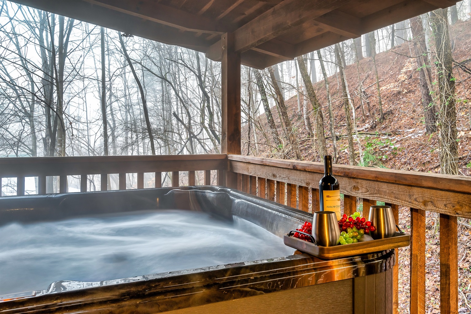 Private hot tub on the deck at Morn'n Deer cabin