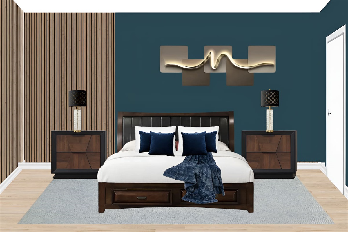 A refined retreat featuring a plush king bed, rich wood accents, and a calming teal feature wall, designed for comfort, style, and a restful night’s sleep.