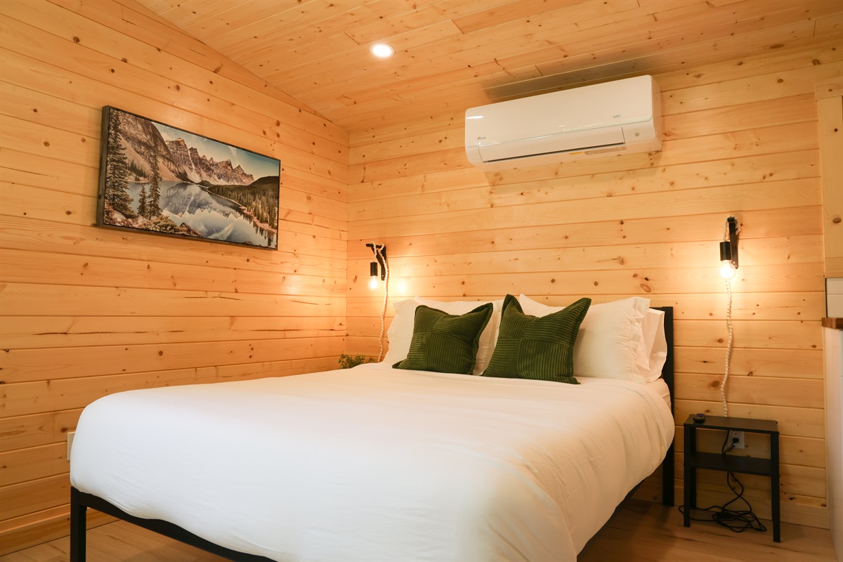 Queen bed with Douglas mattress and premium bedding