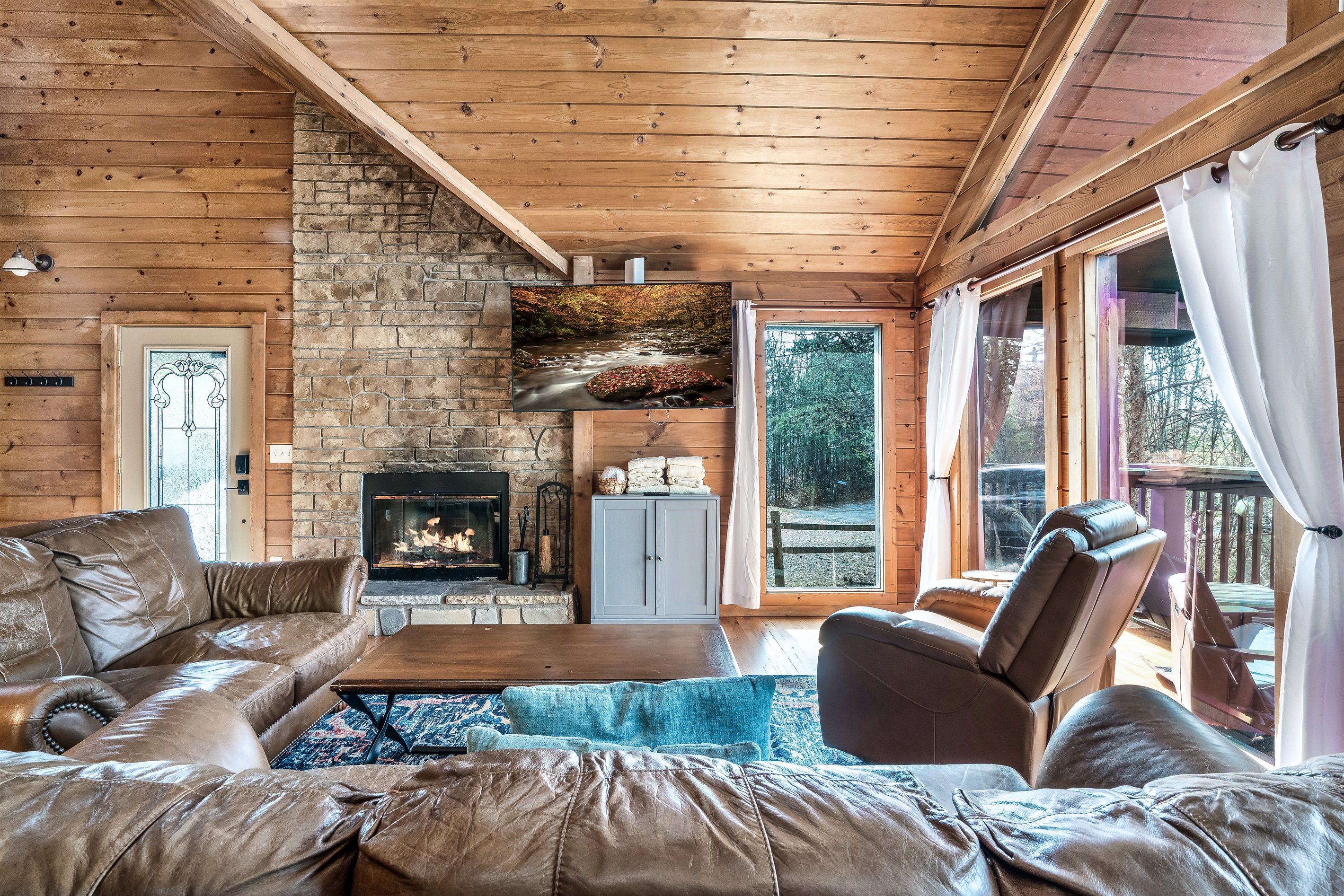 Wood Burning Fireplace and Flat Screen TV