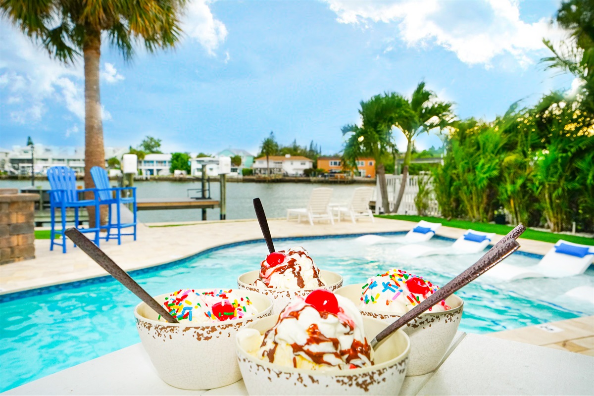 After dinner ice cream sundaes are a treat by the pool.