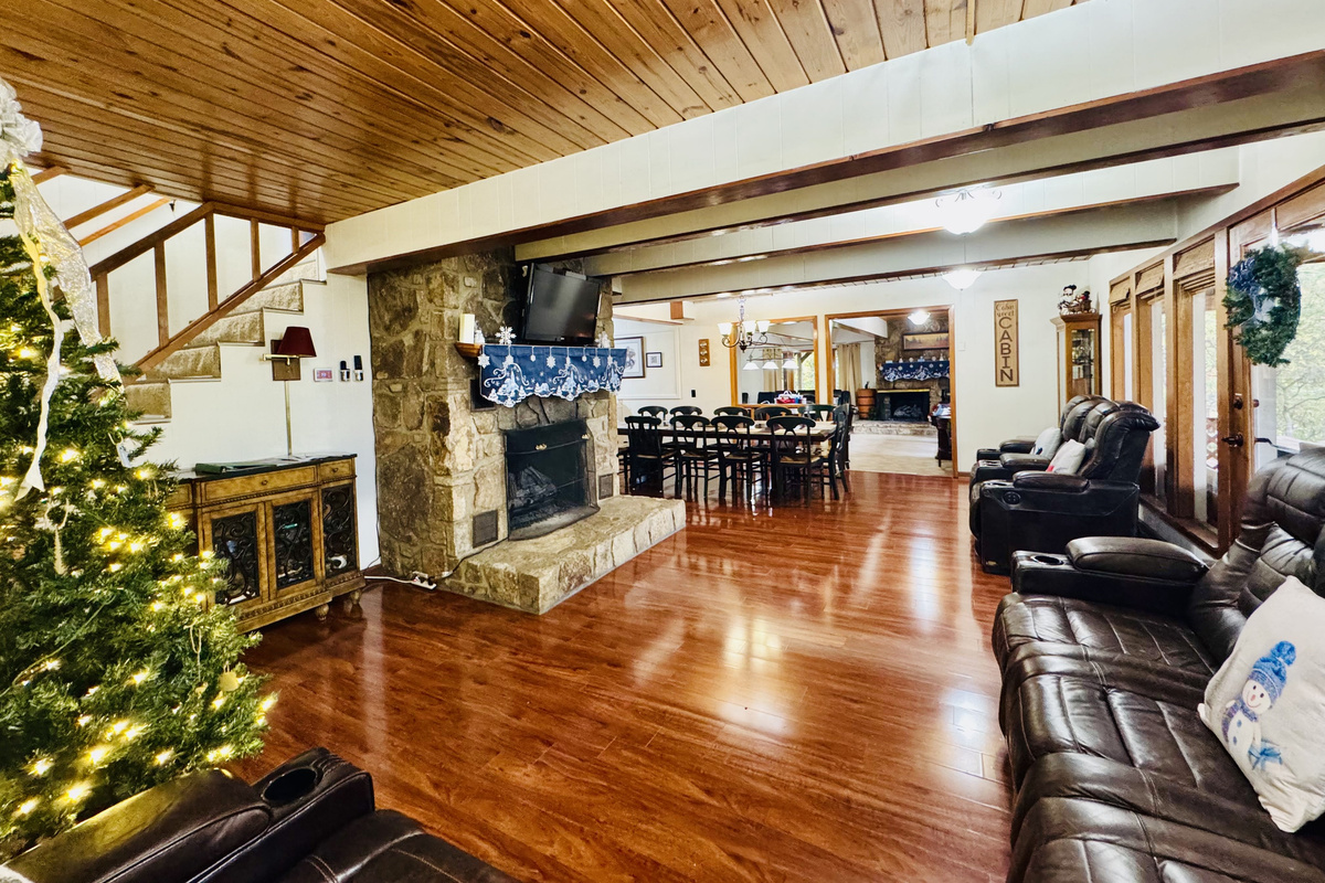 Christmas Family Room, Fireplace & Dining Room with View