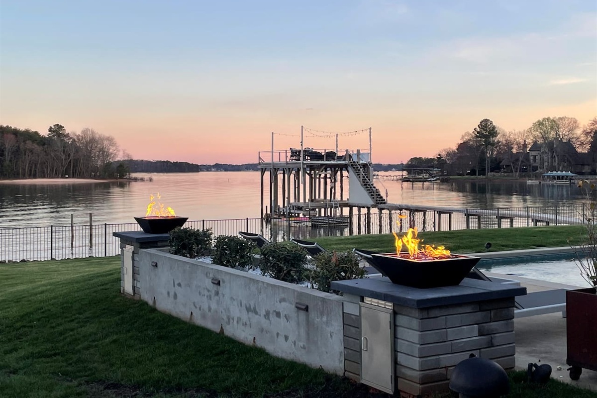 Firebowls adding charm to the Lake Norman sunset.