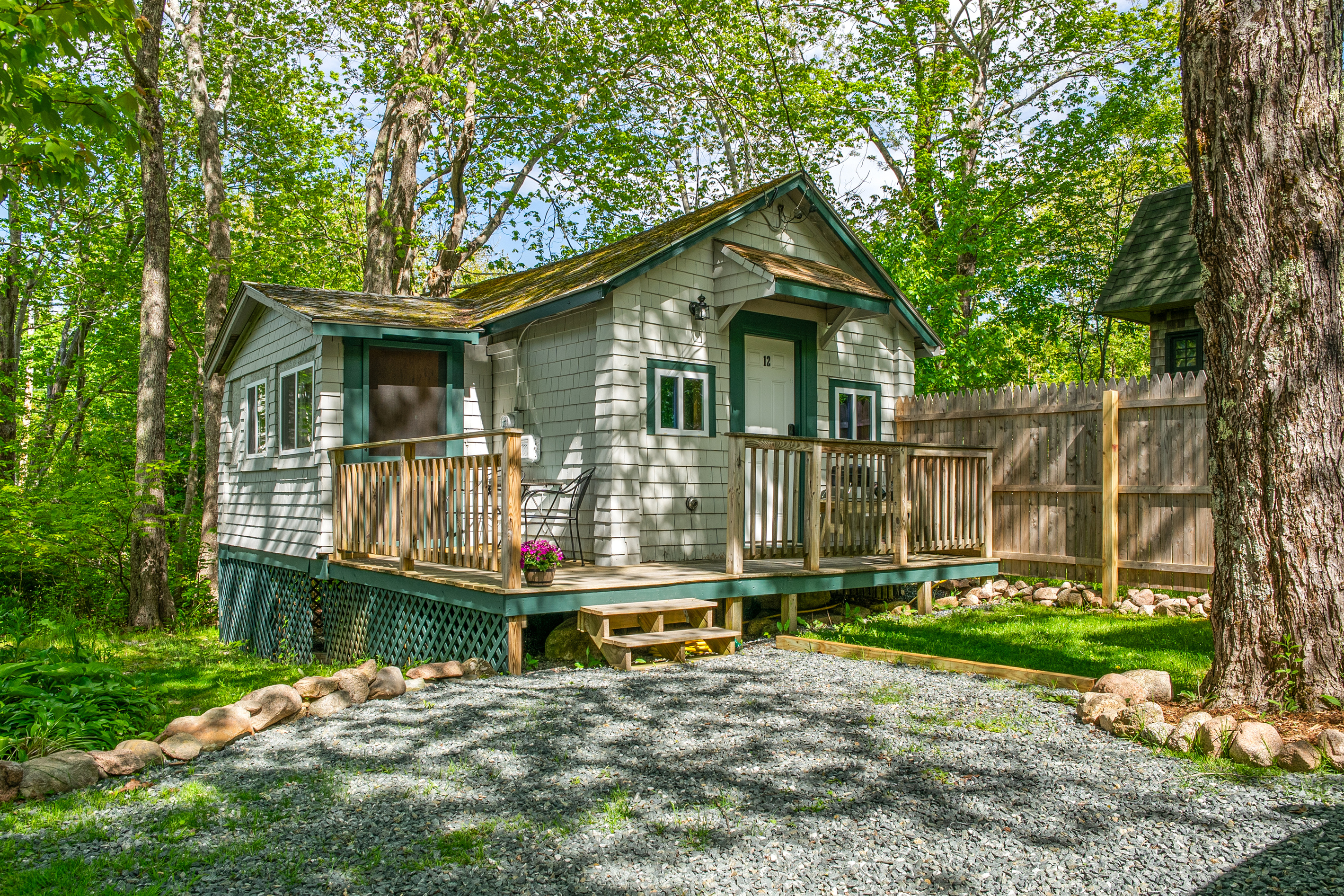 Welcome to Davis Outpost. This exterior view shows our private parking, front deck, and grassy pet-friendly yard. Tucked into lush summer trees, this authentic trailside cabin is your perfect basecamp for exploring Acadia National Park.