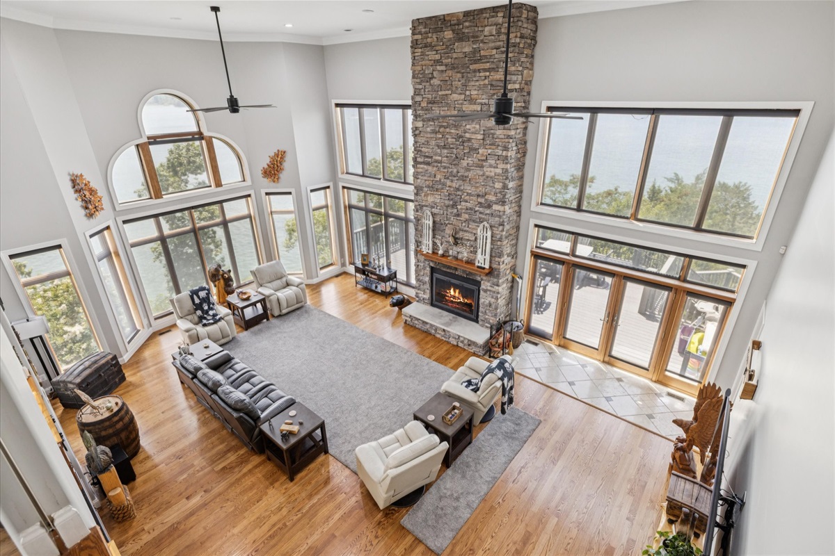 Living Room from 2nd floor, see water from windows on 3 sides (walk-in Porch Deck on far left side)