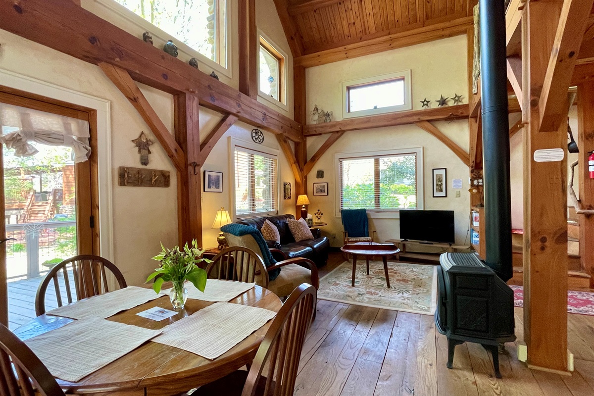 Light fills this beautiful post and beam living room.