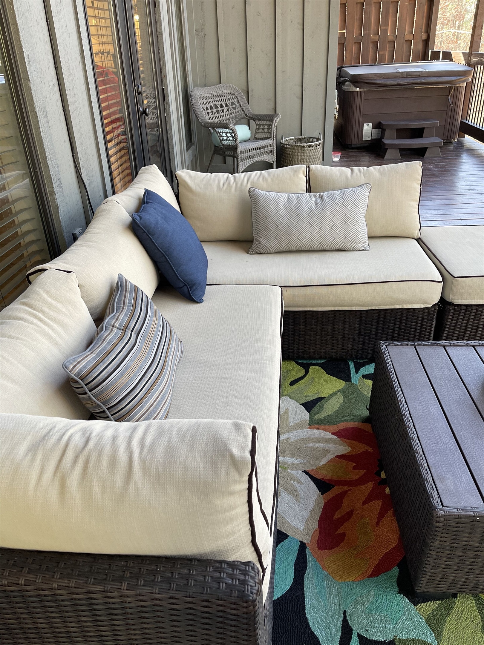 Comfortable outdoor seating for being a couch potato or enjoying the fireplace.