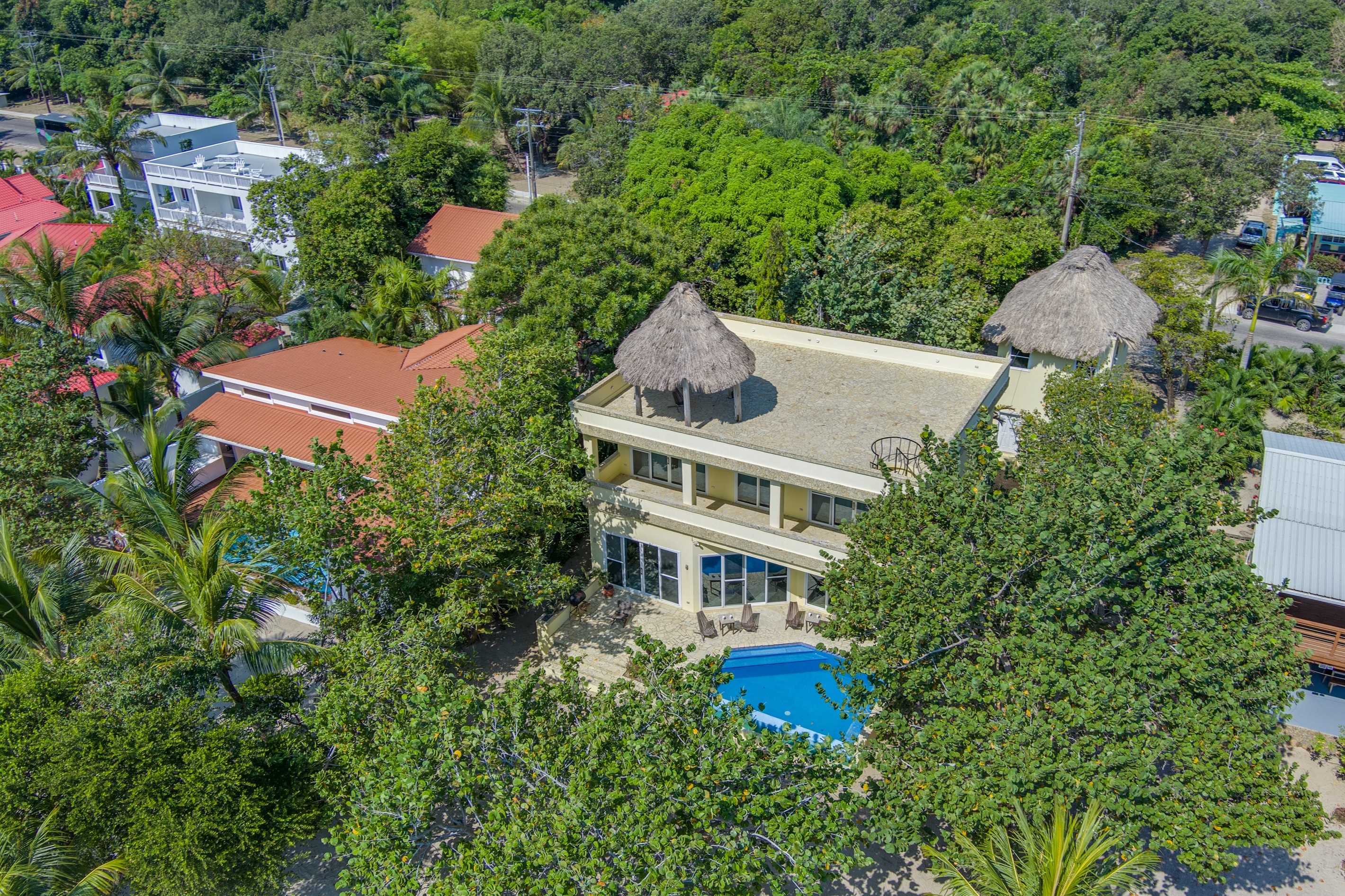 Birds eye view of villa, pool and palapa