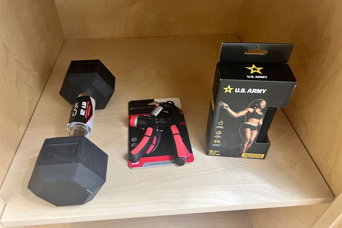 Small workout items and drawer storage available for guest use.
