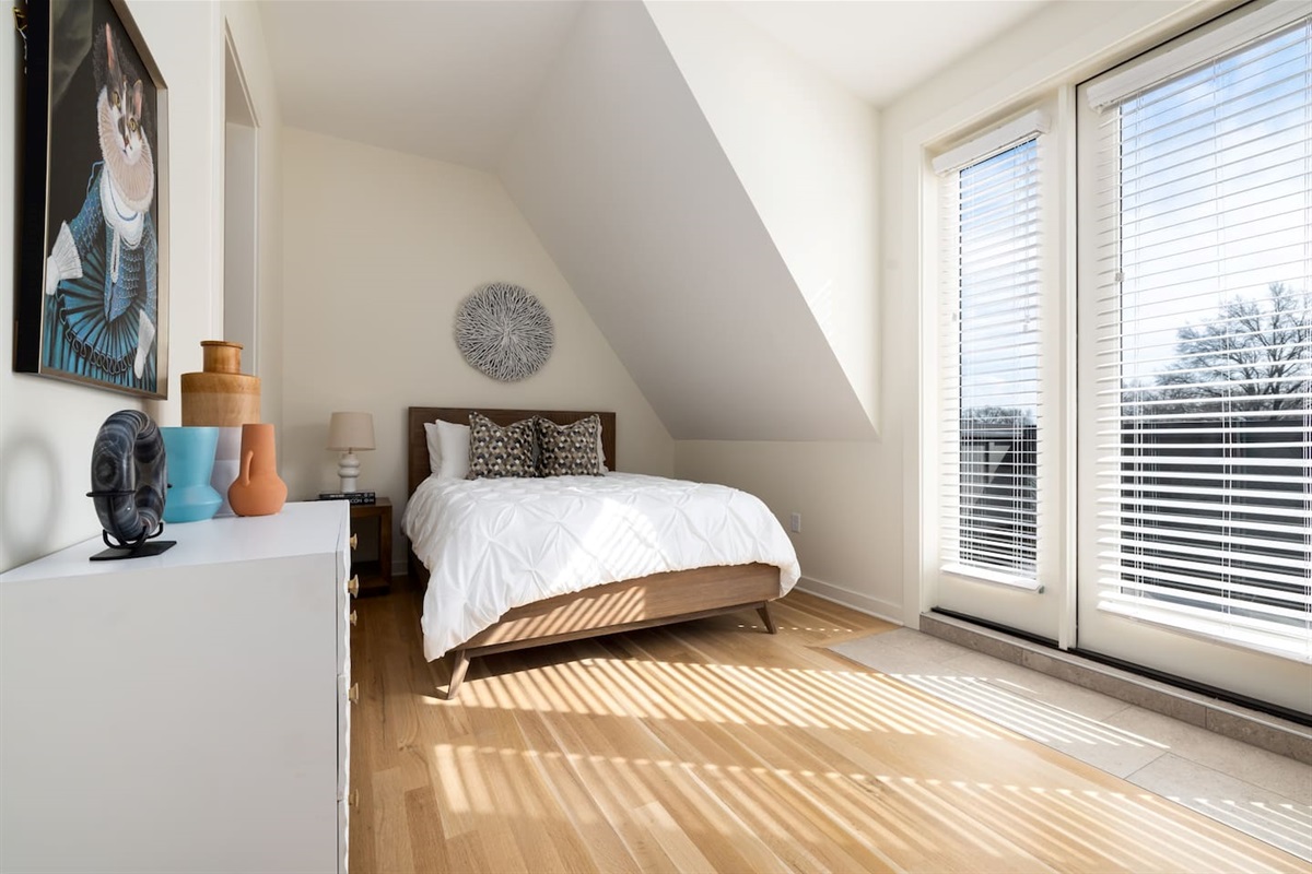 Queen bed in the same bedroom as the single daybed