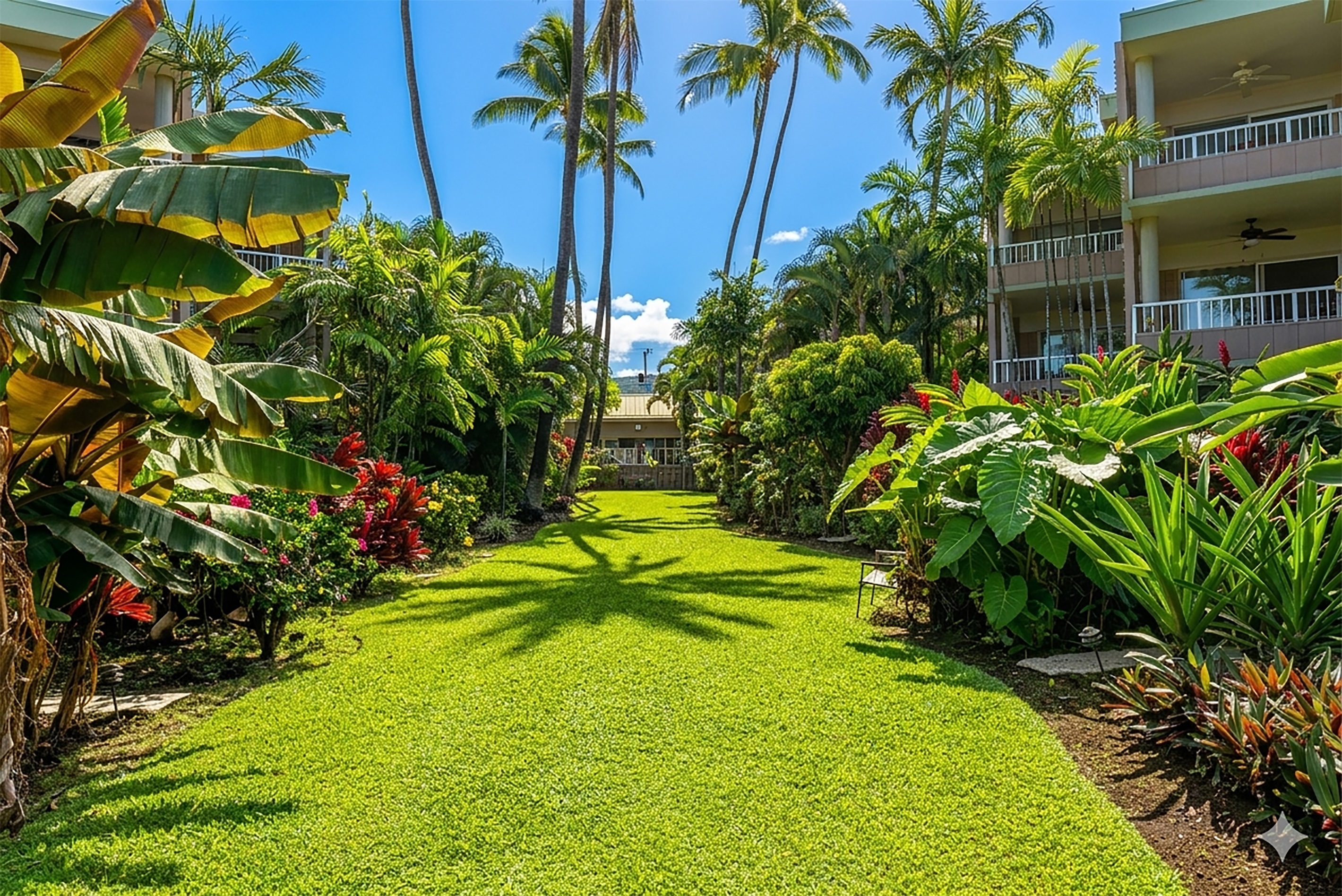 A lush garden retreat where palms sway overhead and the pace softens—perfect for a quiet morning coffee or an evening pause as the island gently winds down.