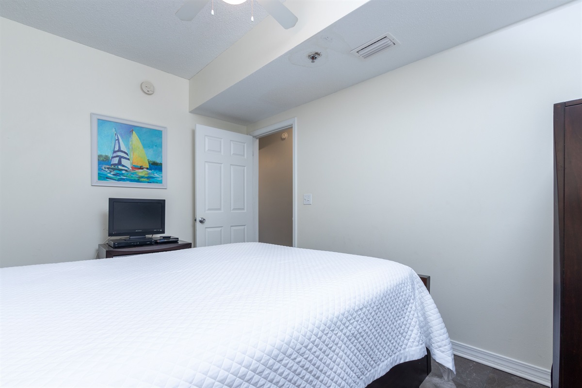 Bedroom 2 with queen bed, ceiling fan and TV