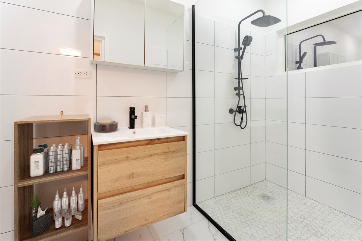 Second full bathroom with vanity and glass-enclosed walk-in shower