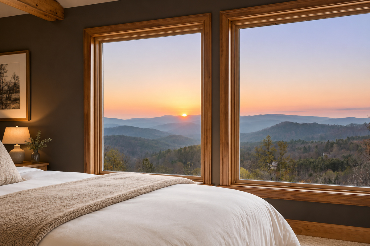 {Mountain View Bedrooms} Wake slowly as the first light spills across the Blue Ridge Mountains, bringing one of Pisgah Forest's most breathtaking views right to your bedside.