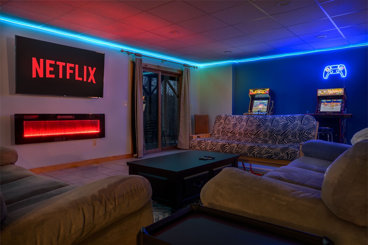 Set the mood for movie nights with Netflix, ambient lighting, and a space made for winding down after full days outside.