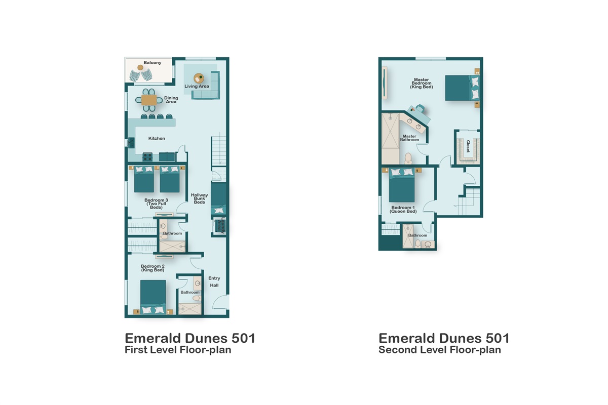 Floorplan for Emerald Dunes 501.This is an updated, spacious, well-appointed condo at the coveted, low-density, BEACHFRONT Emerald Dunes complex in Crystal Beach!