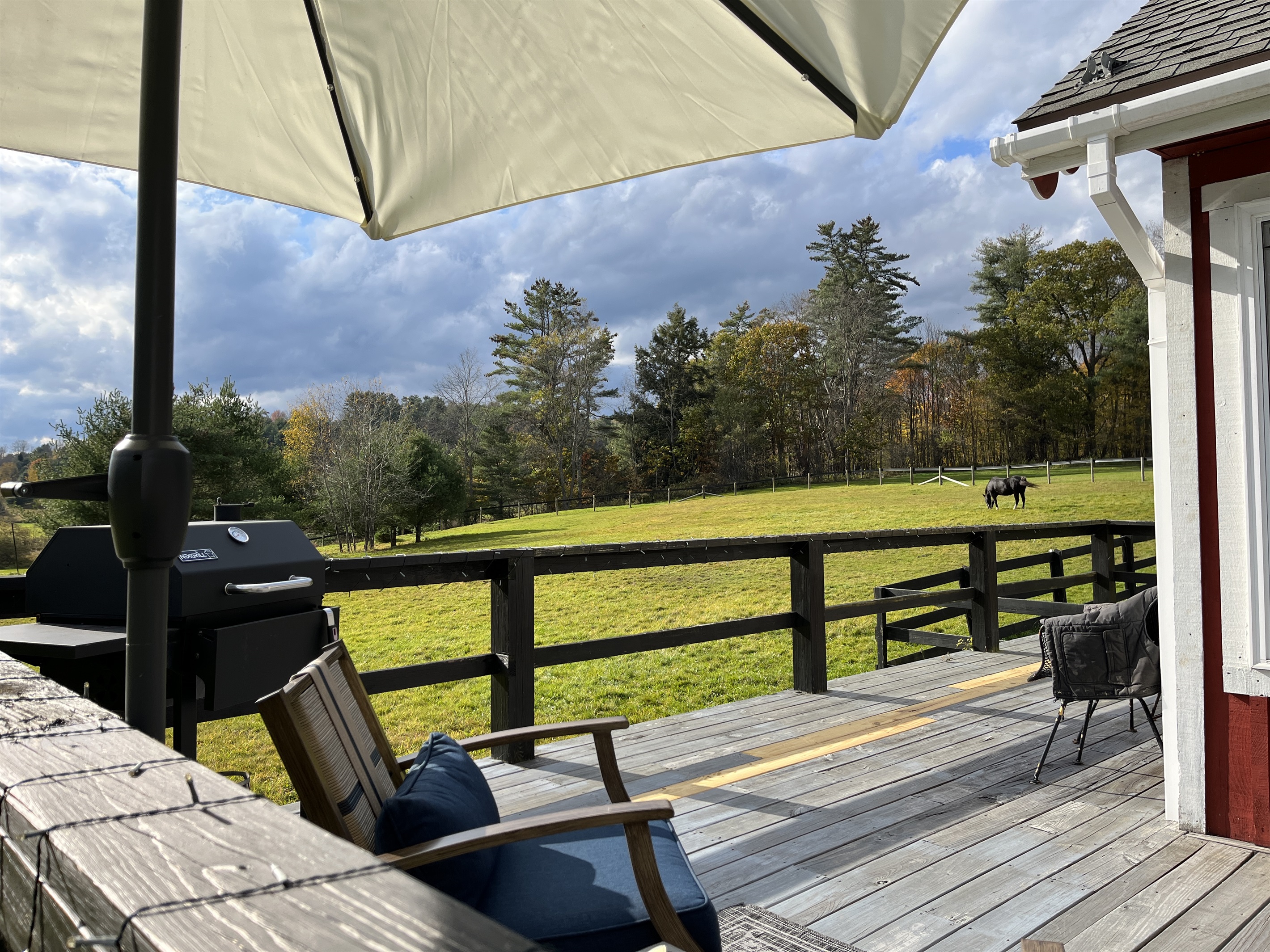 Horse Haven outdoor grill area overlooking the horse pasture.