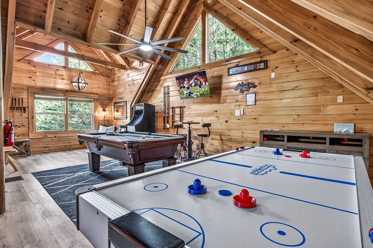 Challenge your friends and family to a game of pool, an air hockey tournament, a board game night, or an arcade extravaganza in the spacious loft.