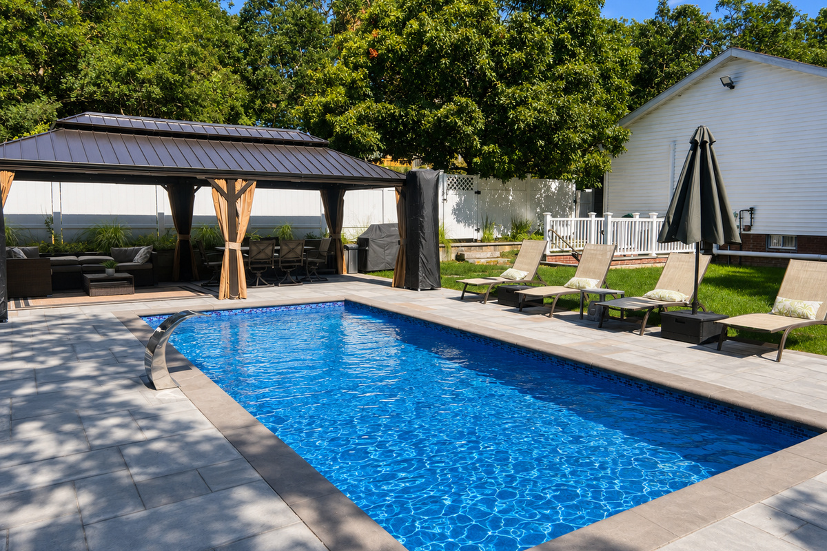 Private heated pool with covered gazebo lounge and sun loungers