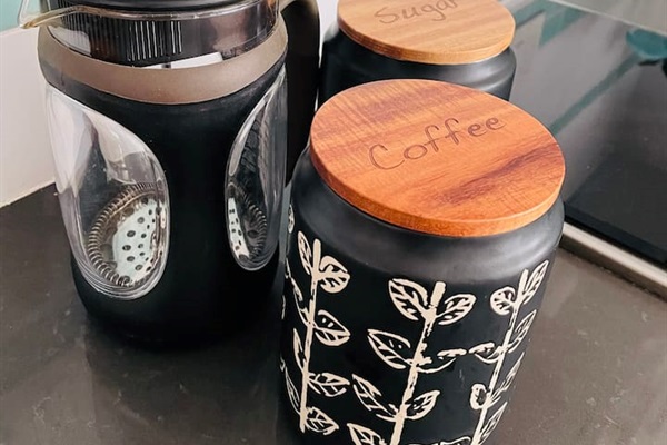 French press & freshly ground beans.
