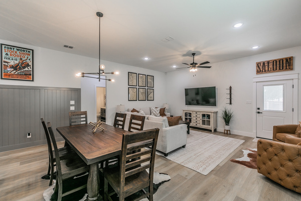 Large dining table in the open floor plan