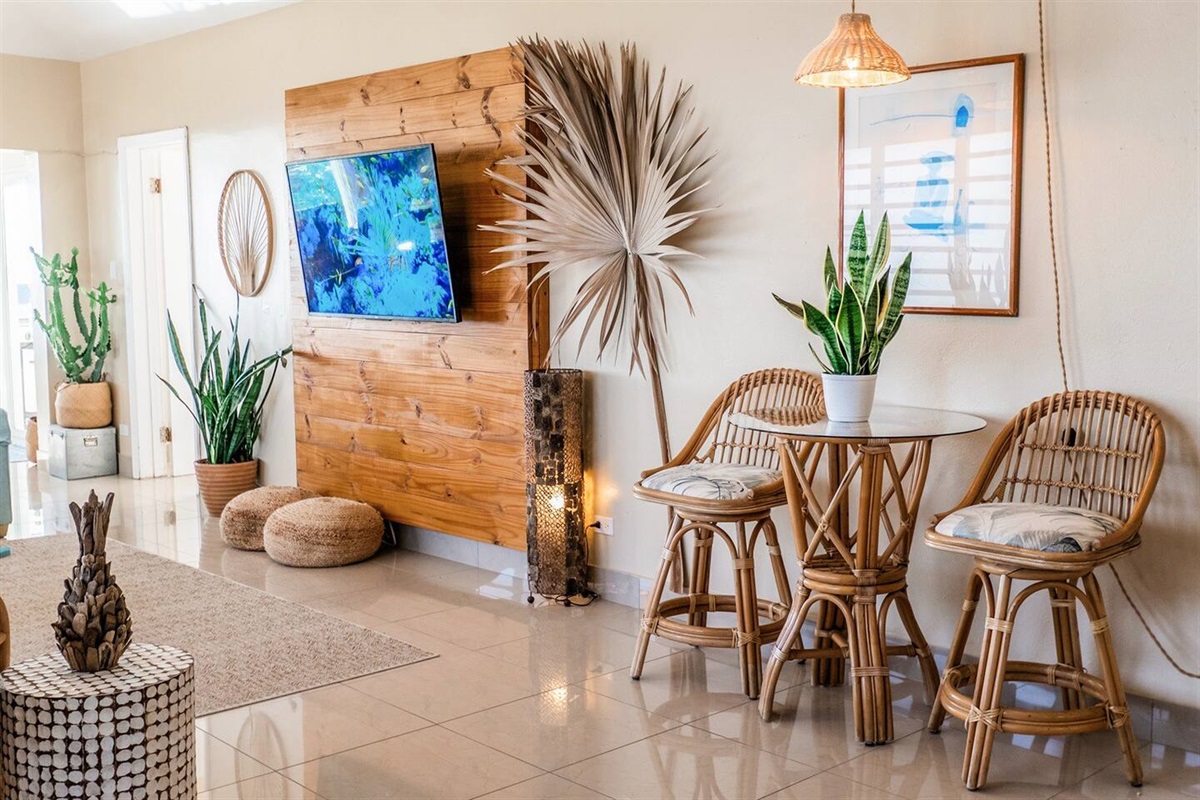 Chic and cozy decor with a touch of island charm.