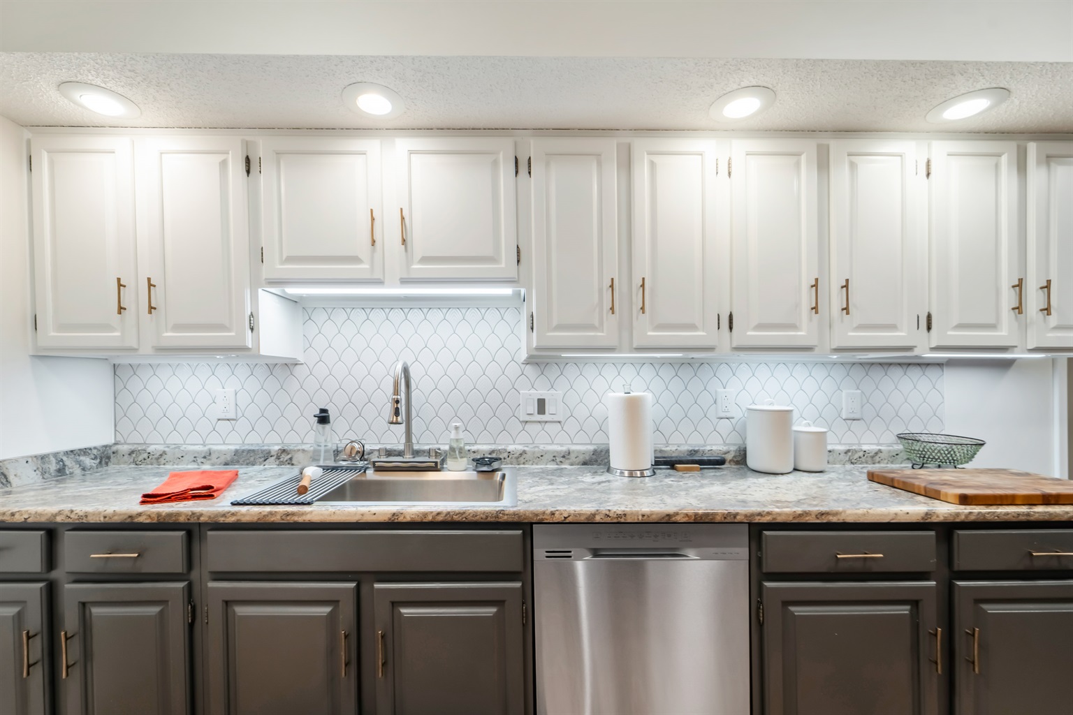 The kitchen has plenty of counter space for multiple people to cook at once.