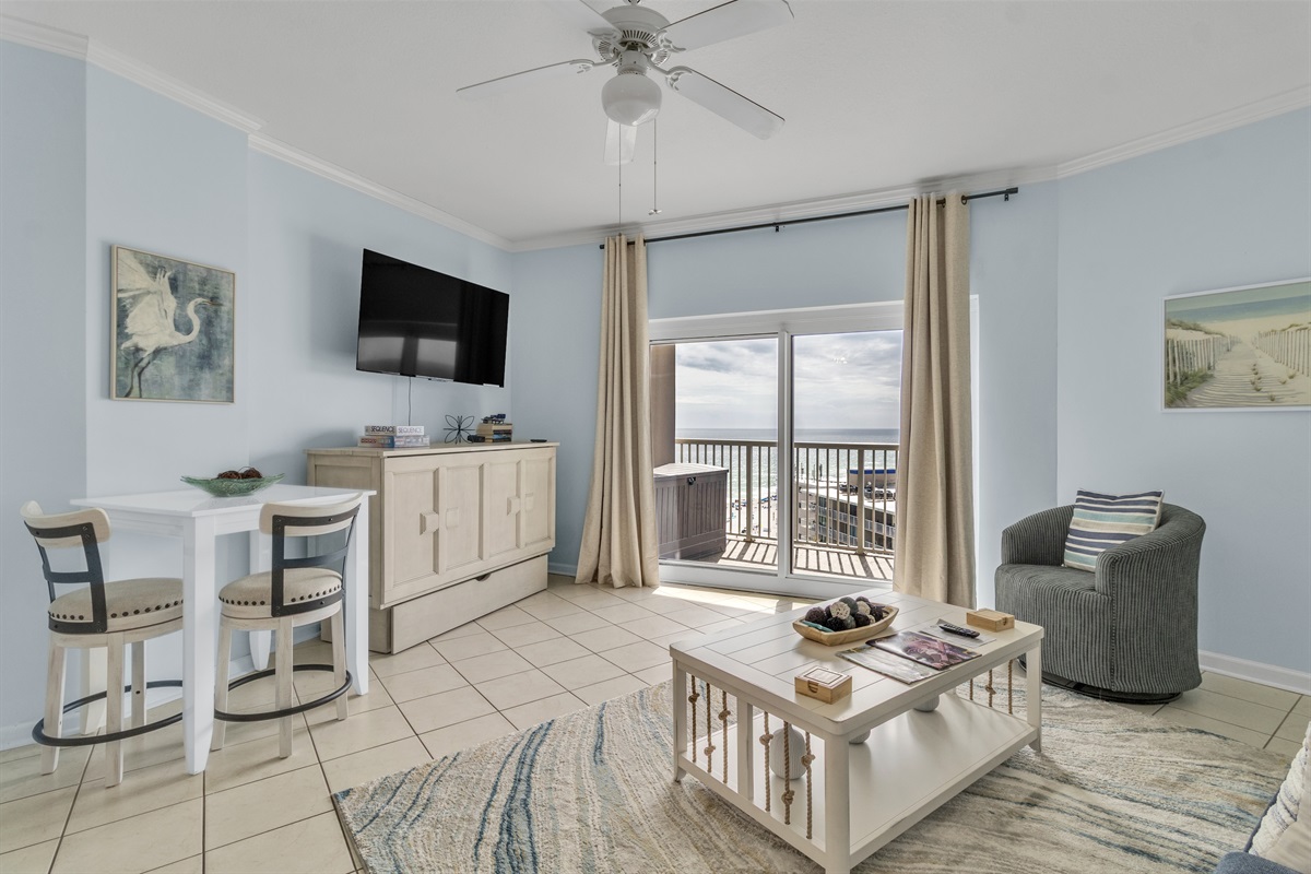 Beautiful Views from the living room! Plus a Murphy pull-out chest bed under the TV for extra sleeping space!