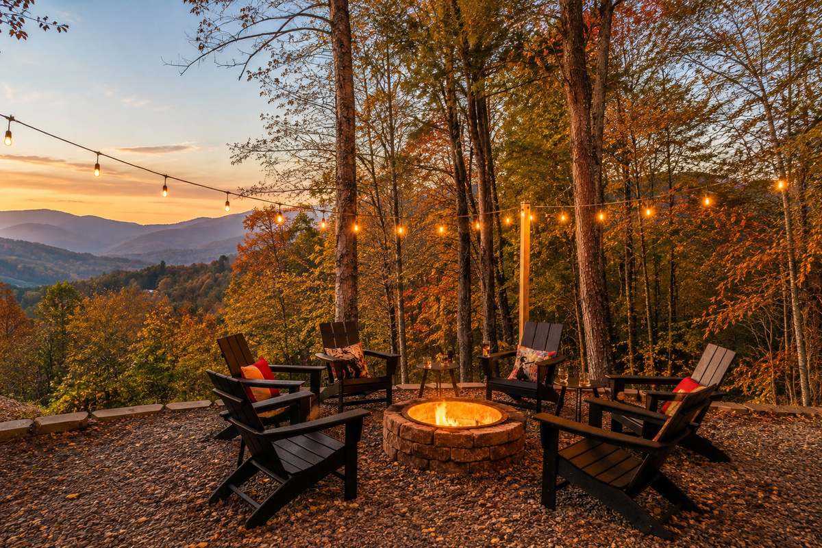 Gather around the fire as the sun sets over the mountains, surrounded by the warm colors of fall.