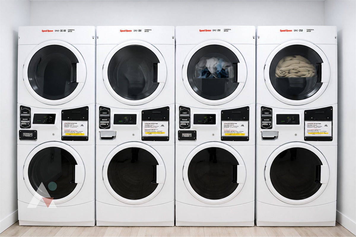 A shared laundry room on the lower lobby level, with washers and dryers operated by a reloadable card sold near the security desk.