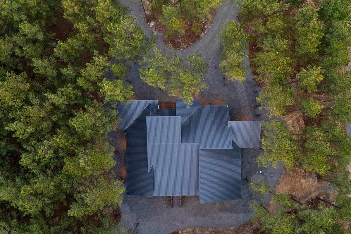 Surrounded by tall pines, the cabin’s rooftop view showcases the peaceful natural setting that makes this getaway feel truly tucked away.