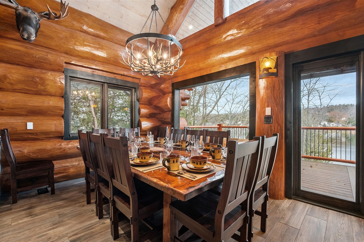 Rustic dining table set for a full group—ideal for holiday dinners and family celebrations.