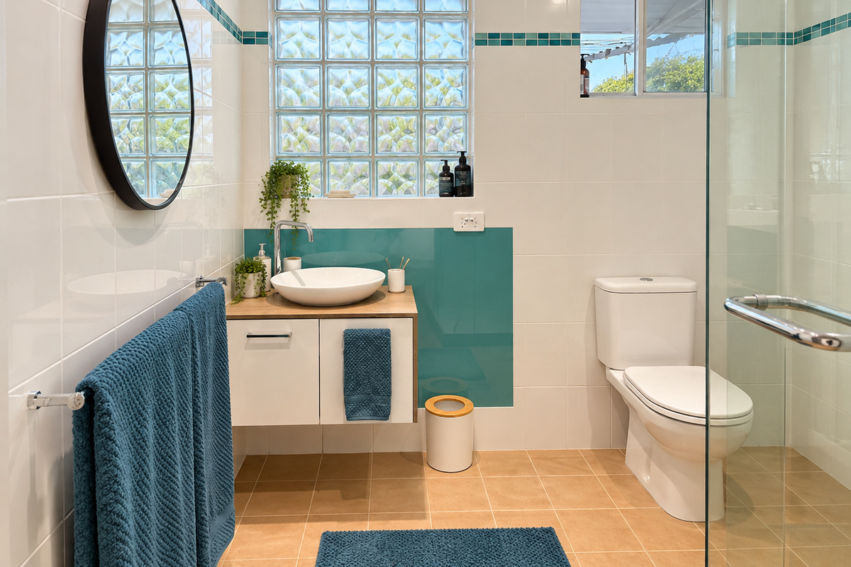 This practical bathroom combines modern fixtures with warm timber and vibrant teal finishes. Natural light, a generous shower and convenient vanity storage make getting ready easy.