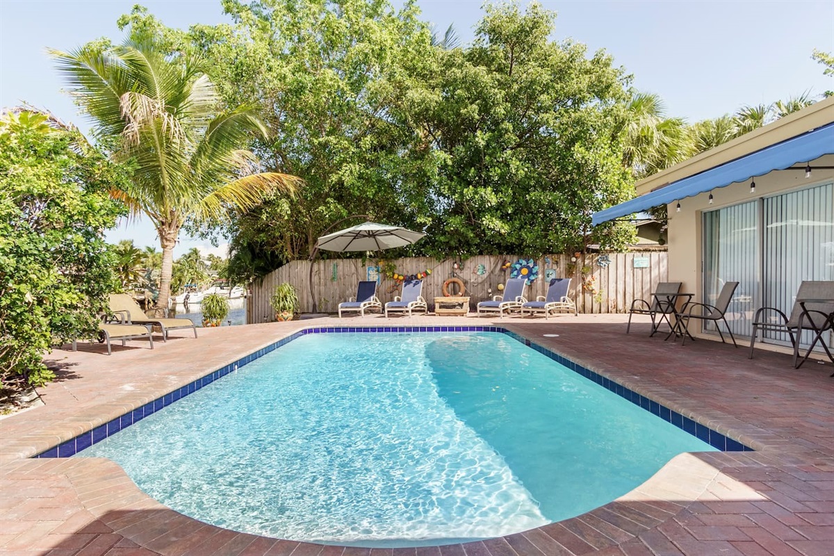 Solar-heated pool. Ample patio space shaded by mature palms and umbrellas. Relaxpoolside on a chaise lounge beside frangipani and hibiscus bushes.