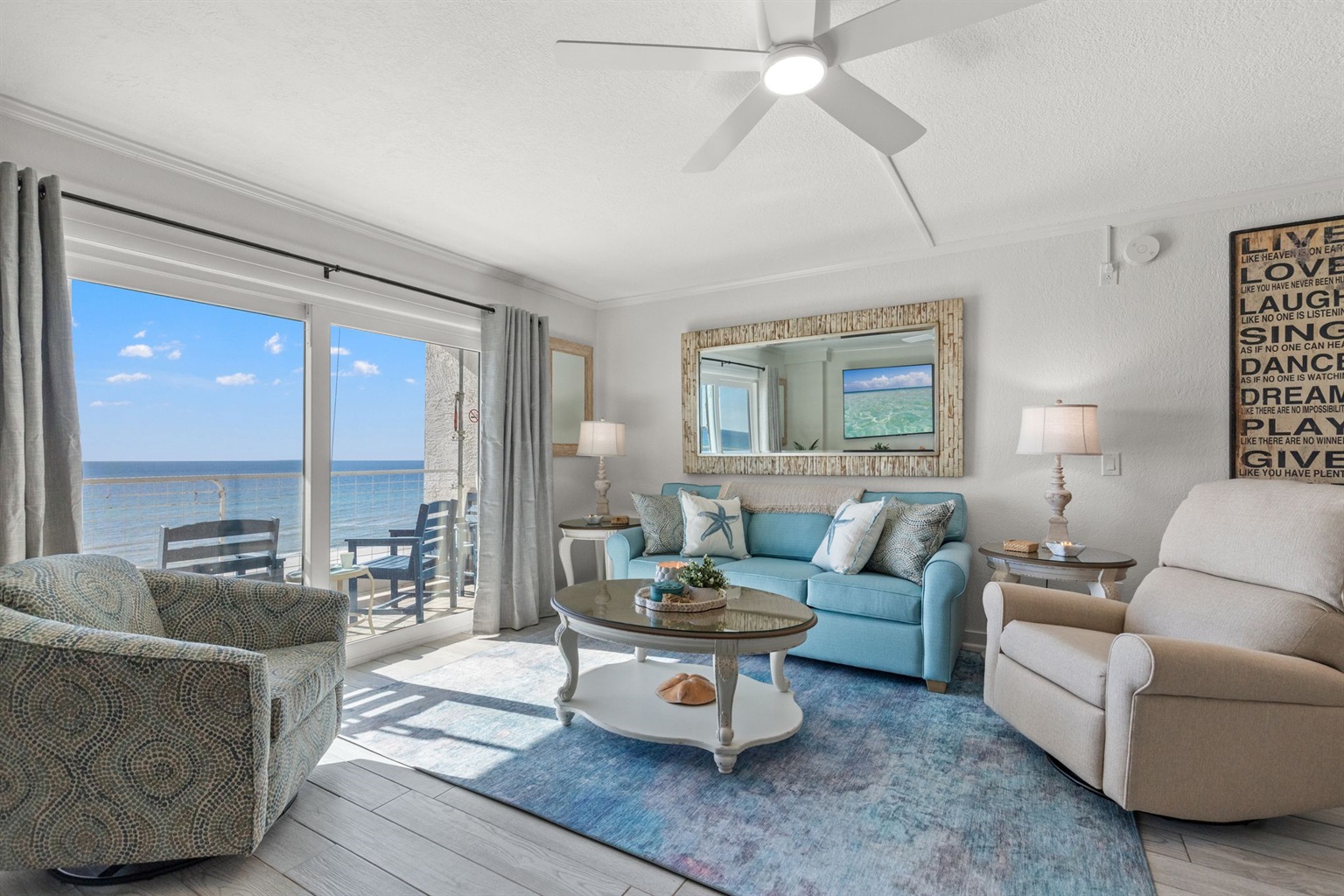 In the living room, the true showstopper is the spectacular Gulf view—and the brand-new furniture is the icing on the cake. Stretch out on the new sleeper sofa, sink into the recliner, or cozy up in the accent chair while you soak it all in.