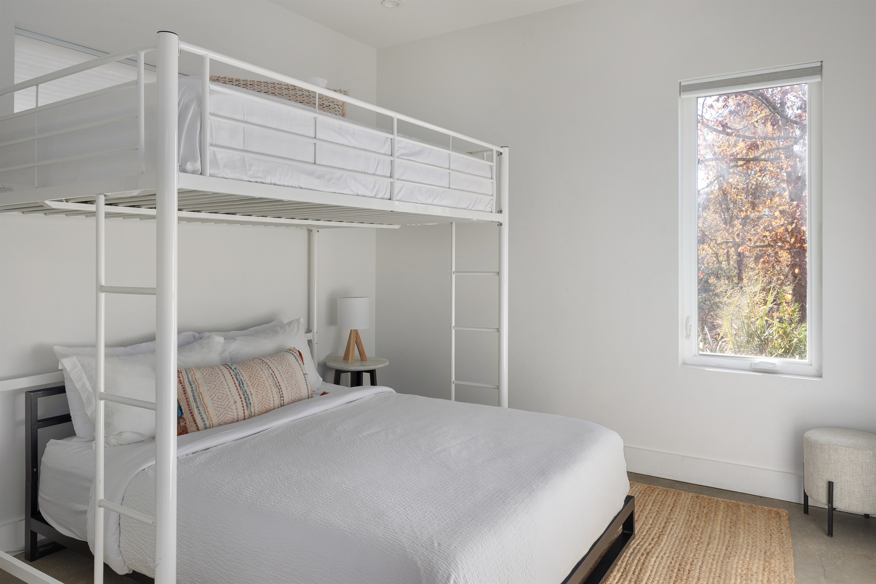 {Bunk Bedroom - Glass House} Family-friendly bunk room with a separate queen bed + twin loft + rollaway bed available —perfect for kids, couples, or extra guests