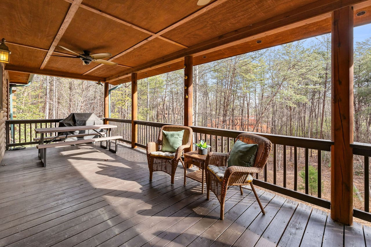 Covered deck area located on the main level of the cabin