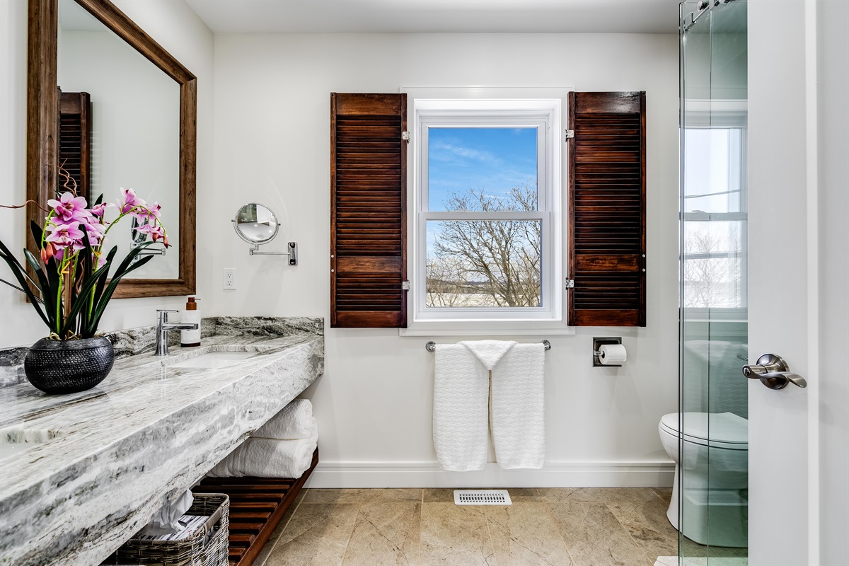 Clean Full Bathroom, minimalist palette with organic warmth.