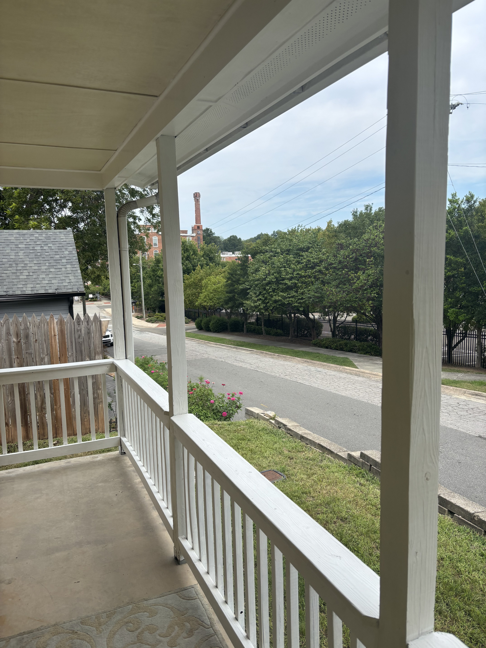 Front porch view toward Durham’s Golden Belt District, directly across the street.