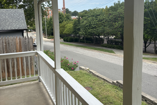 Front porch view toward Durham’s Golden Belt District, directly across the street.