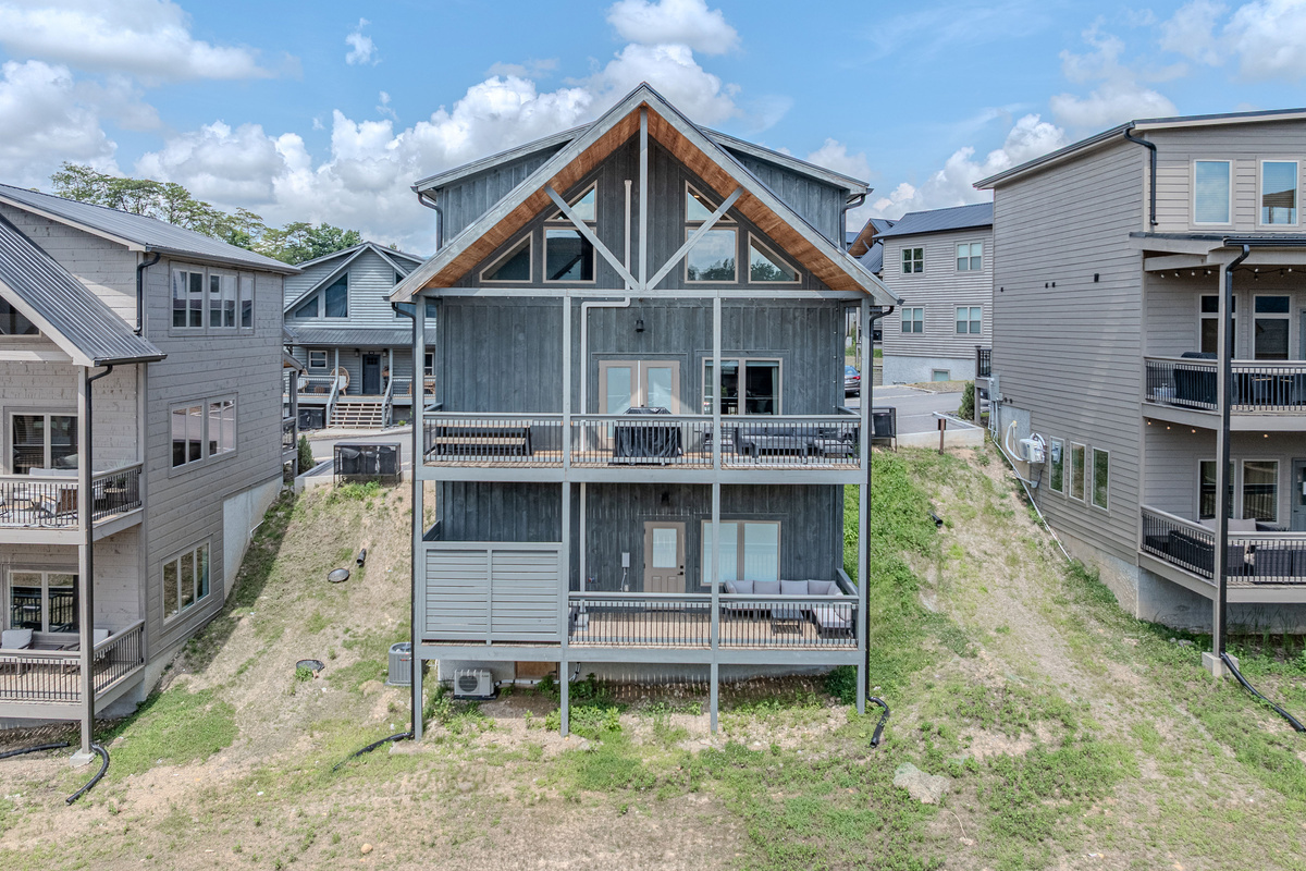 Rear view of Skyfire and its multi-level outdoor spaces.