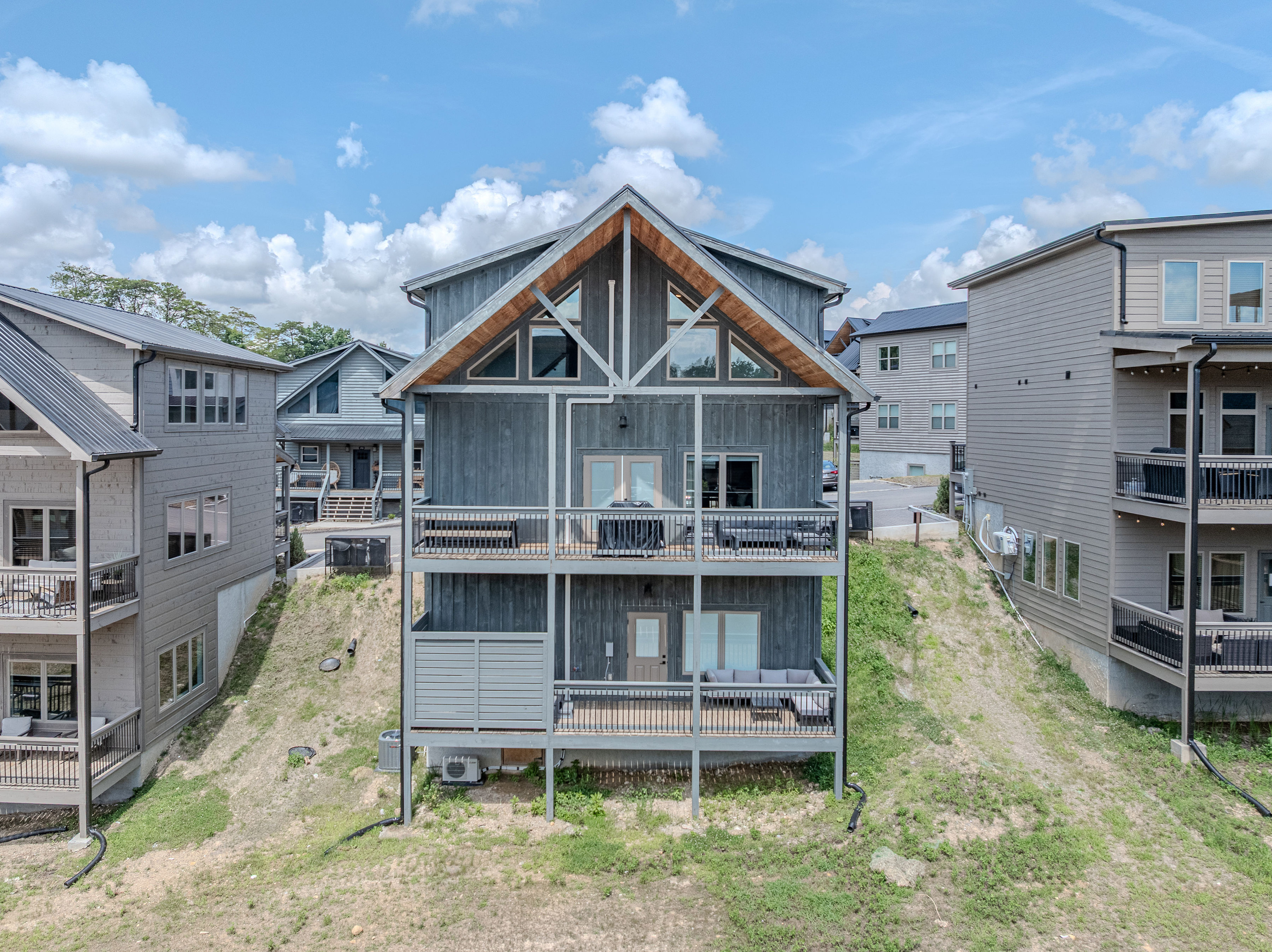 Rear view of Skyfire and its multi-level outdoor spaces.